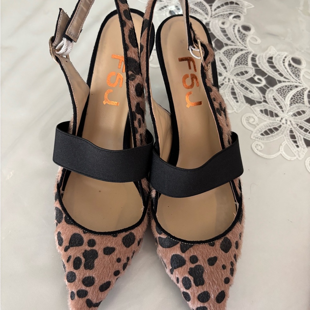 FSJ Tan and Black Leopard Slingback Heel Pumps Sz 8
